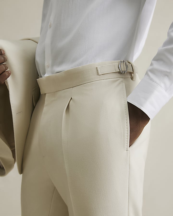 Cream Slim Fit Suit Trousers