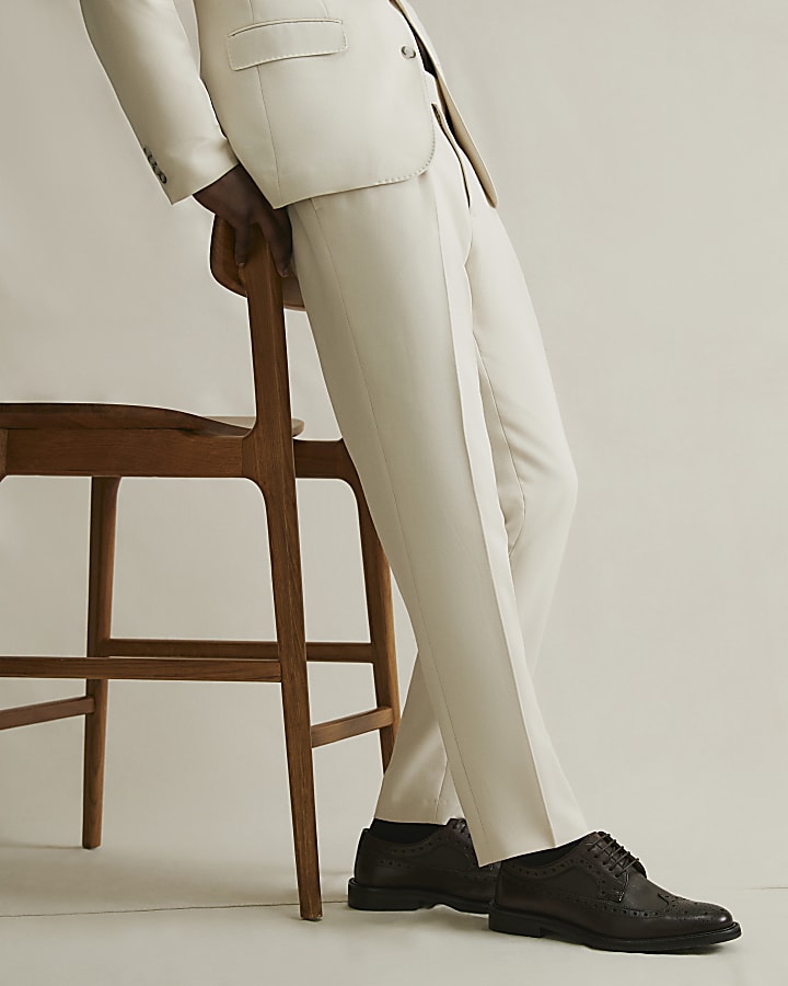 Cream Slim Fit Suit Trousers
