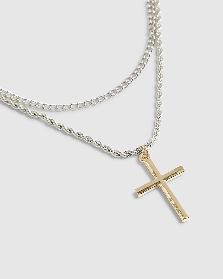 Silver Mixed Metal Cross Necklace