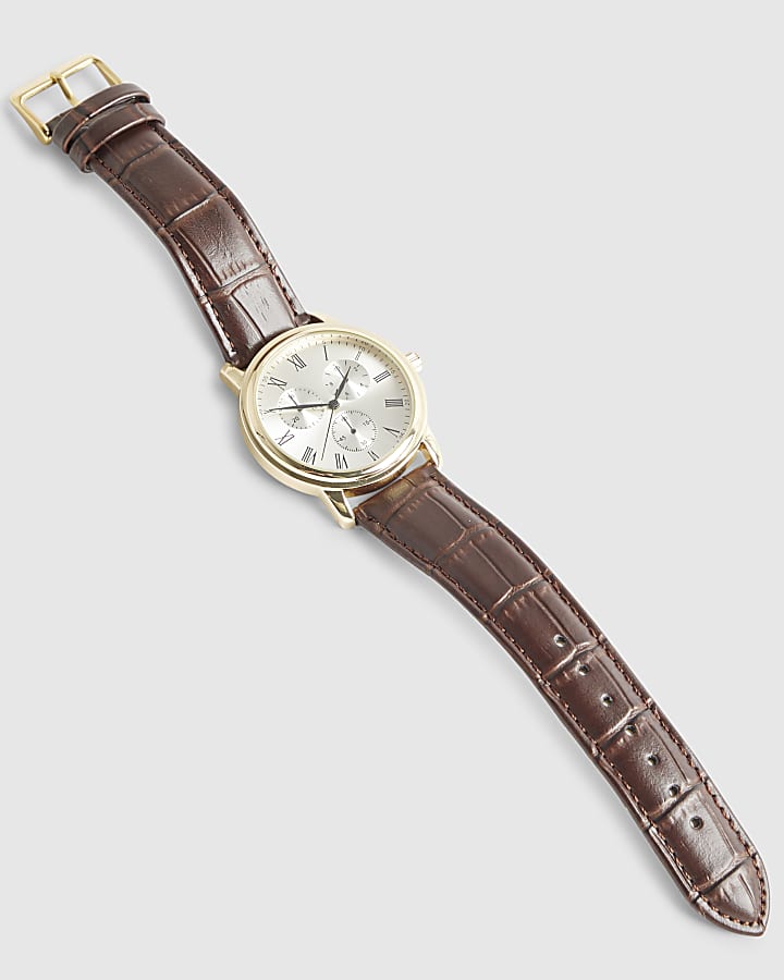 Brown Faux Leather Gold Watch