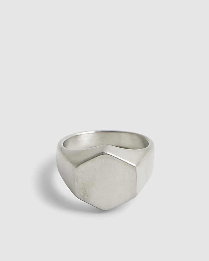 Silver Steel Brushed Hexagon Ring