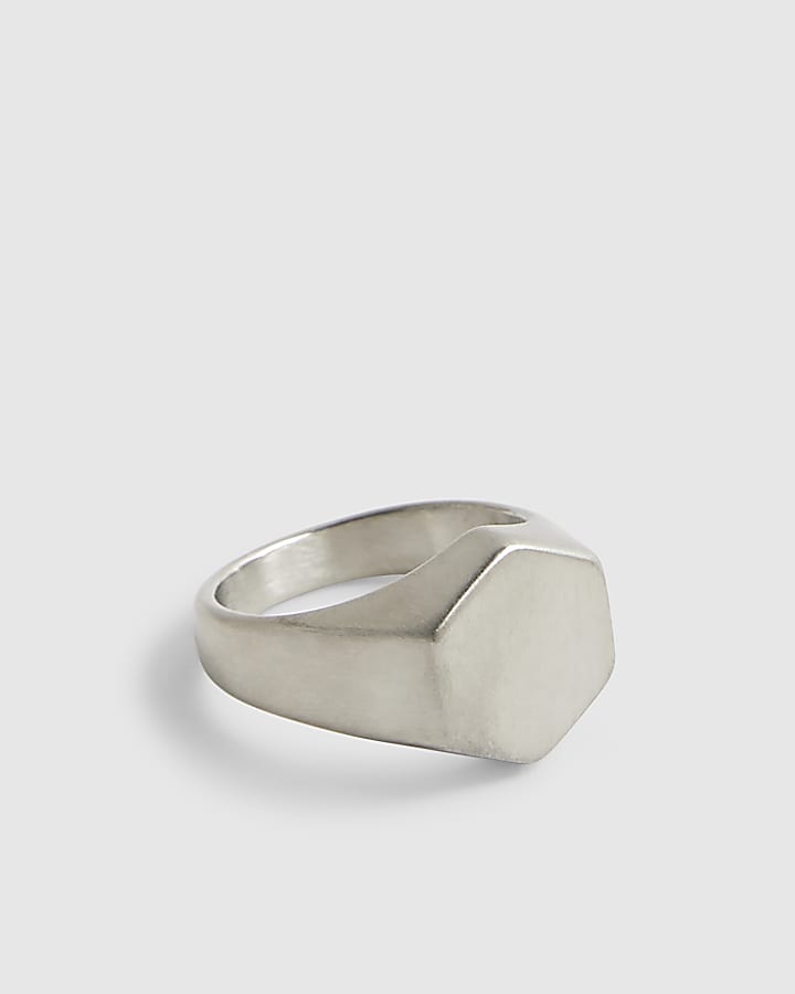 Silver Steel Brushed Hexagon Ring