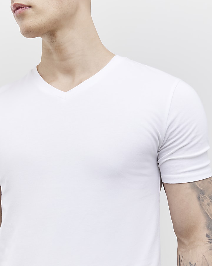 White Muscle Fit V-Neck Pack Of 2 T-Shirts