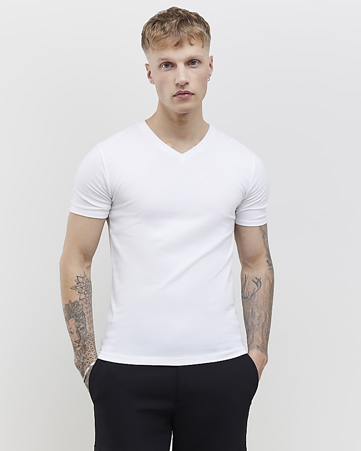 White Muscle Fit V-Neck Pack Of 2 T-Shirts