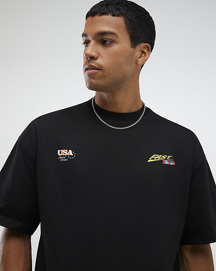 Black Oversized Fit USA Badge T-Shirt