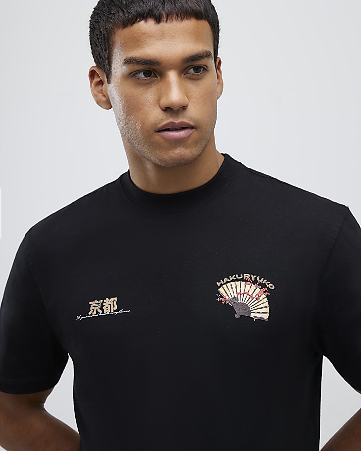 Black Regular Fit Hakuryuko Crane T-Shirt