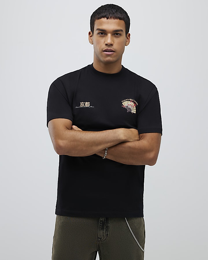 Black Regular Fit Hakuryuko Crane T-Shirt
