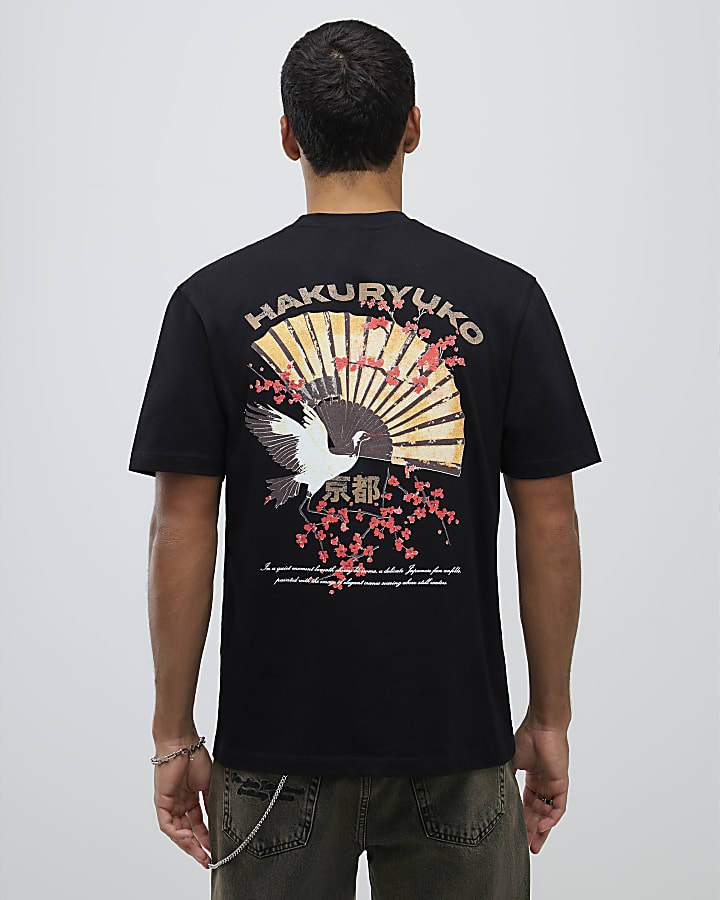 Black Regular Fit Hakuryuko Crane T-Shirt