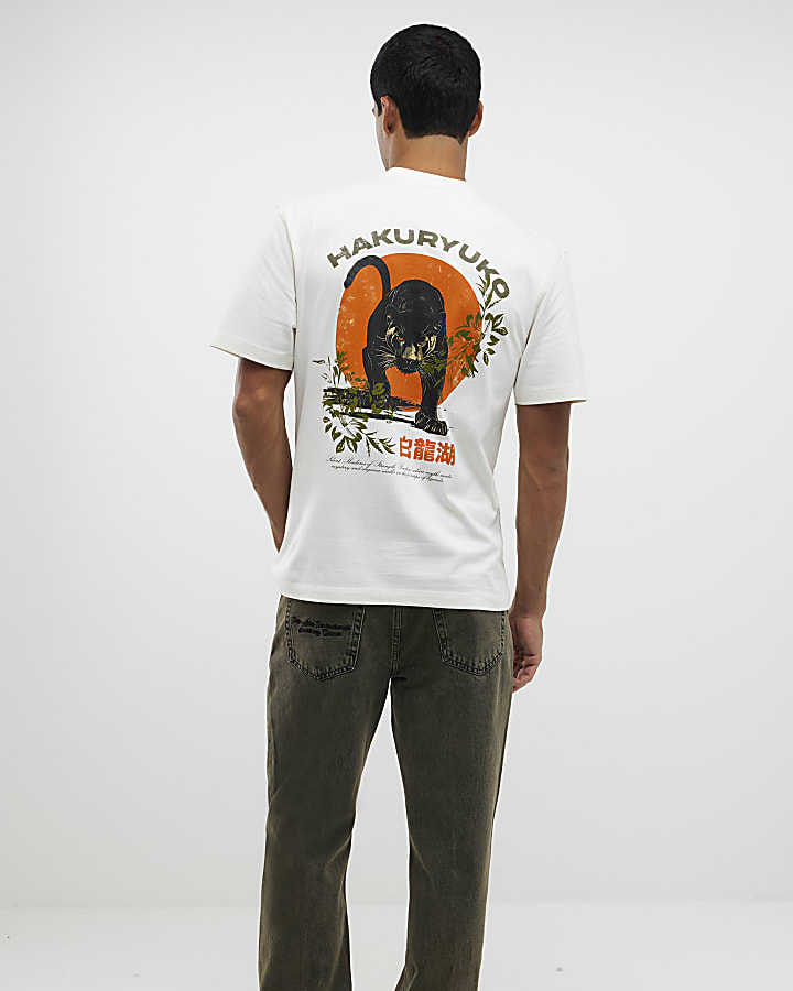 Ecru Regular Fit Hakuryuko Tiger T-Shirt