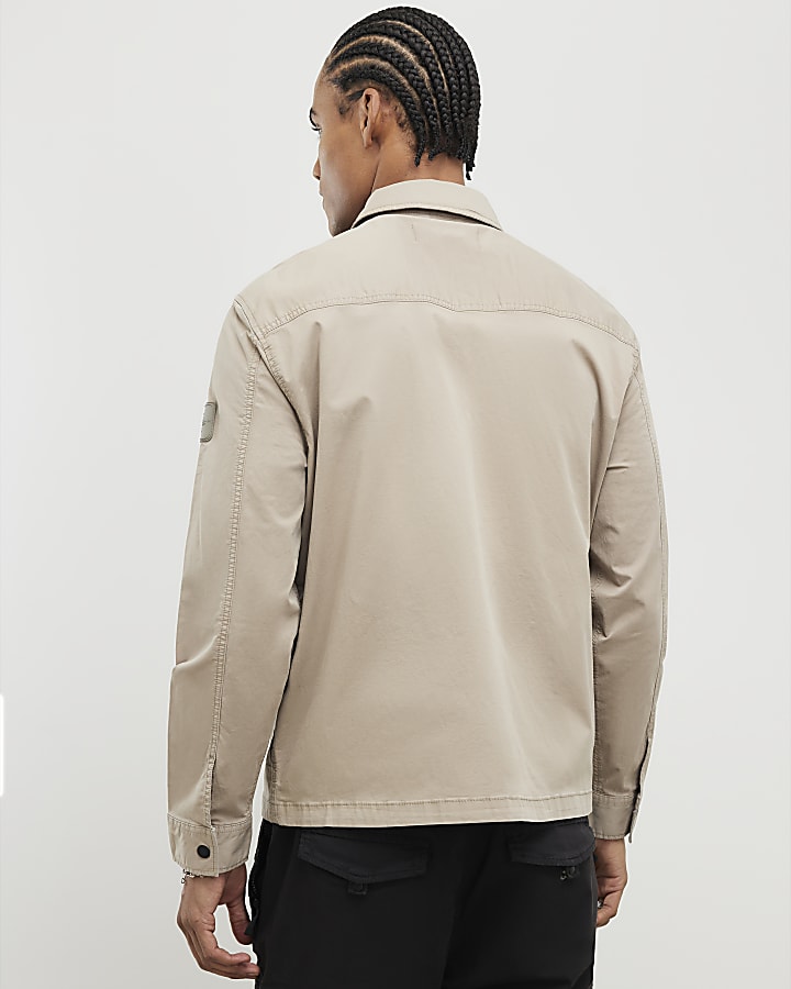 Beige Regular Fit Zipped Overshirt