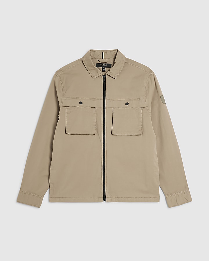Beige Regular Fit Zipped Overshirt