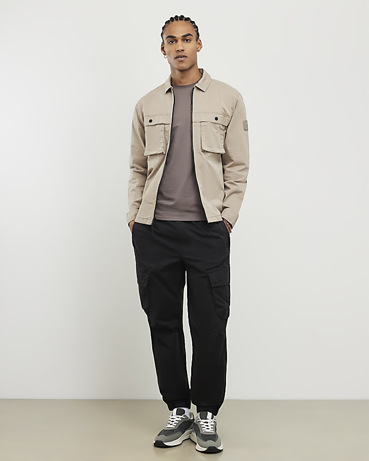 Beige Regular Fit Zipped Overshirt