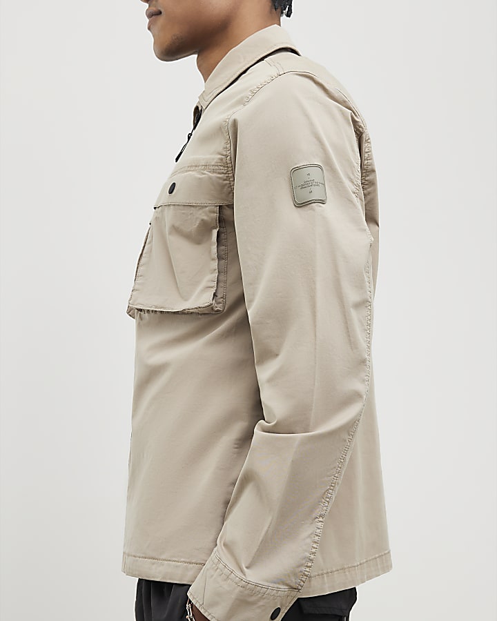 Beige Regular Fit Zipped Overshirt