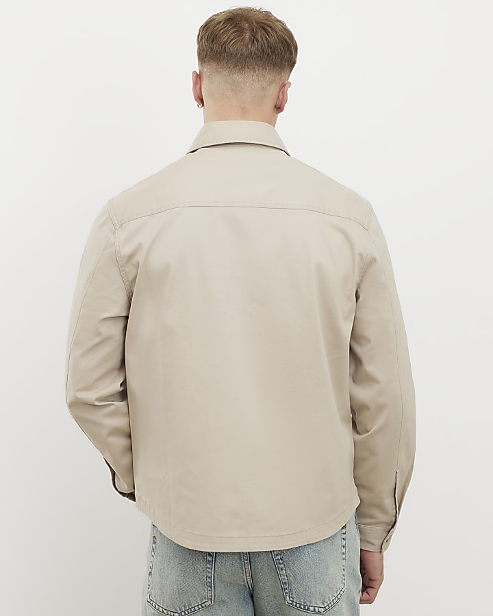 Beige Regular Fit Curved Hem Zip Overshirt