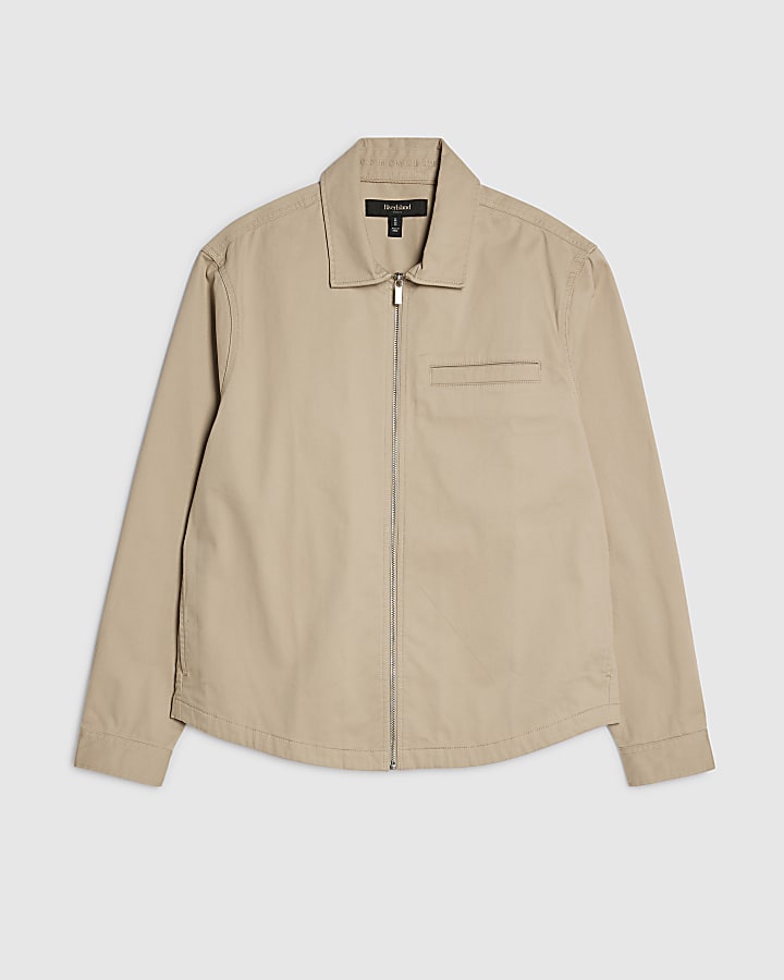 Beige Regular Fit Curved Hem Zip Overshirt