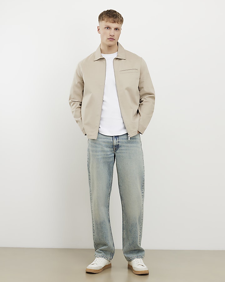 Beige Regular Fit Curved Hem Zip Overshirt