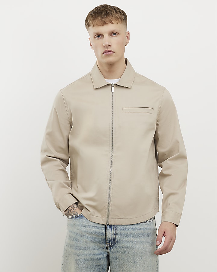 Beige Regular Fit Curved Hem Zip Overshirt