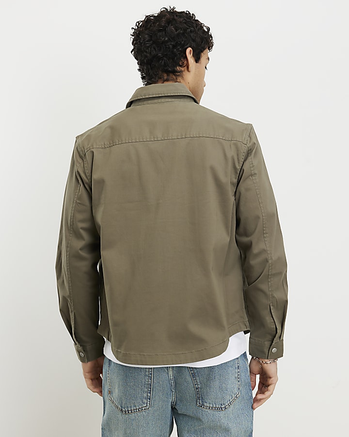 Khaki Regular Fit Curved Hem Zip Overshirt