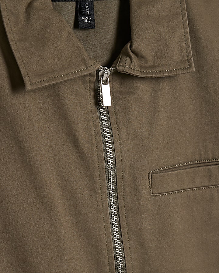 Khaki Regular Fit Curved Hem Zip Overshirt