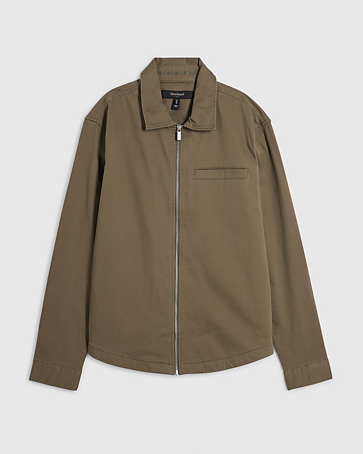 Khaki Regular Fit Curved Hem Zip Overshirt