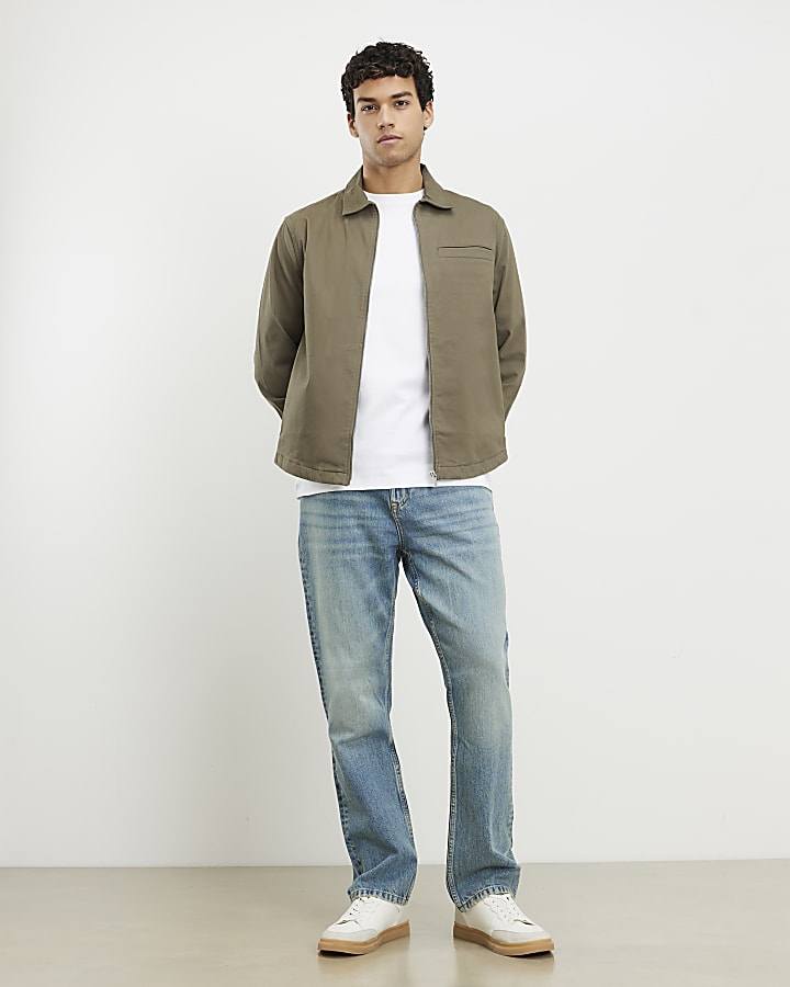 Khaki Regular Fit Curved Hem Zip Overshirt