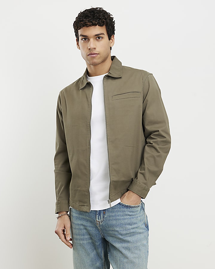 Khaki Regular Fit Curved Hem Zip Overshirt