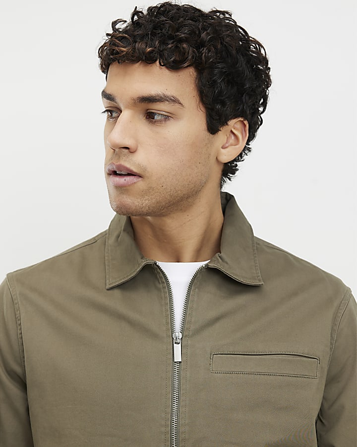 Khaki Regular Fit Curved Hem Zip Overshirt