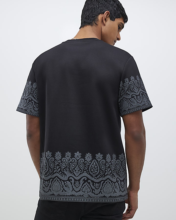 Black Regular Fit Paisley Border T-Shirt