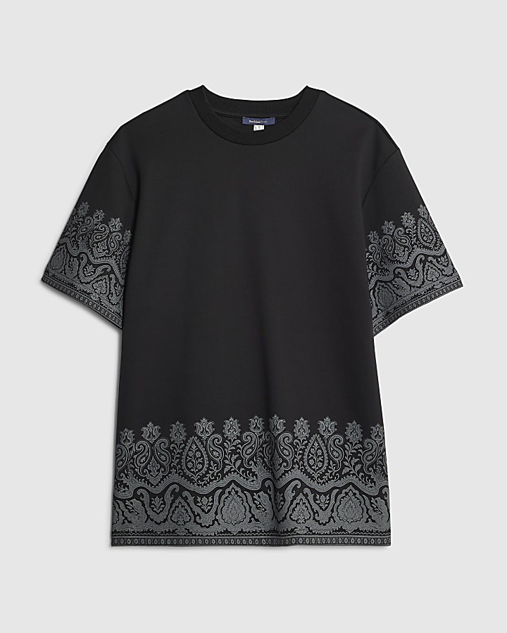 Black Regular Fit Paisley Border T-Shirt