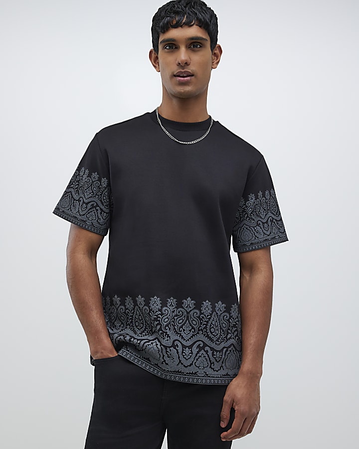 Black Regular Fit Paisley Border T-Shirt