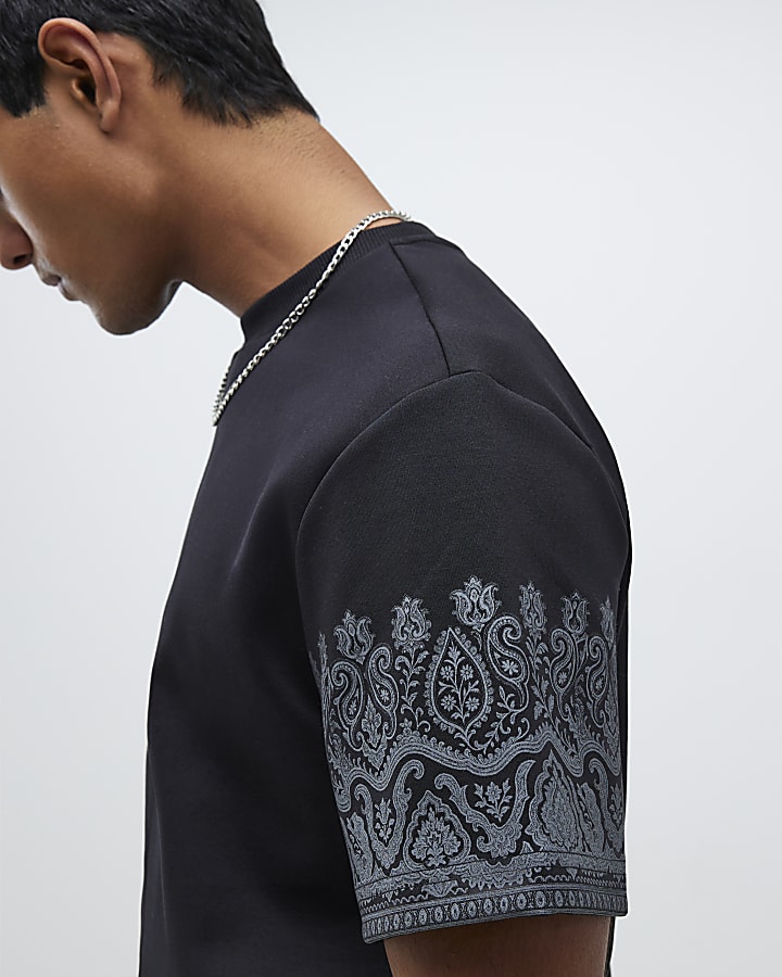 Black Regular Fit Paisley Border T-Shirt