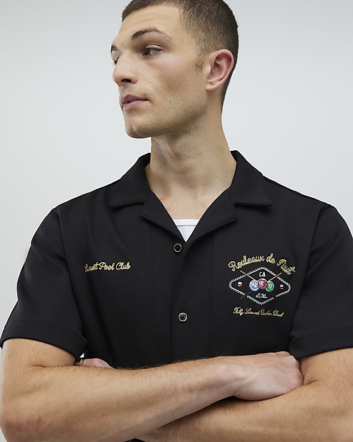 Black Regular Fit Bowling Party Shirt