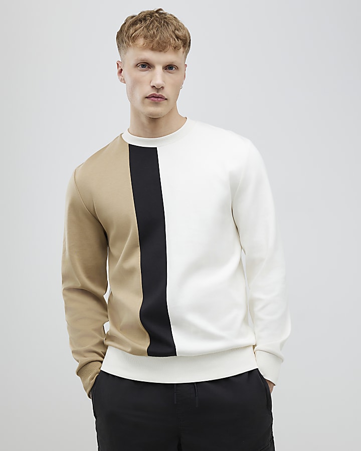 Beige Regular Fit Colour Block Sweatshirt