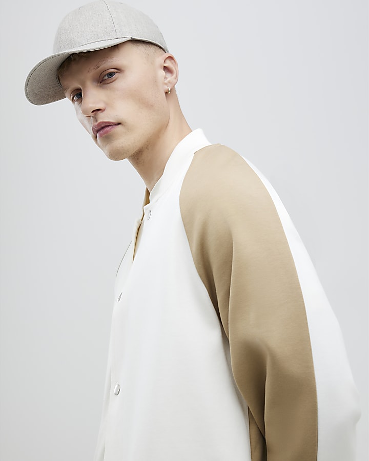Ecru Regular Fit Colour Block Bomber Jacket