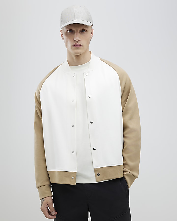 Ecru Regular Fit Colour Block Bomber Jacket