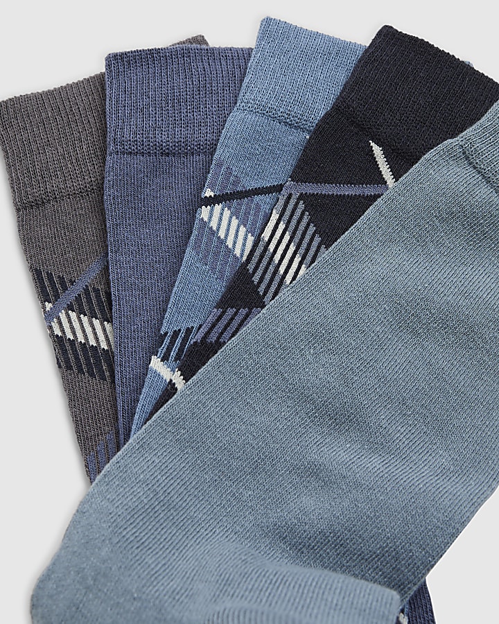 Blue Argyle Print Pack Of 5 Socks
