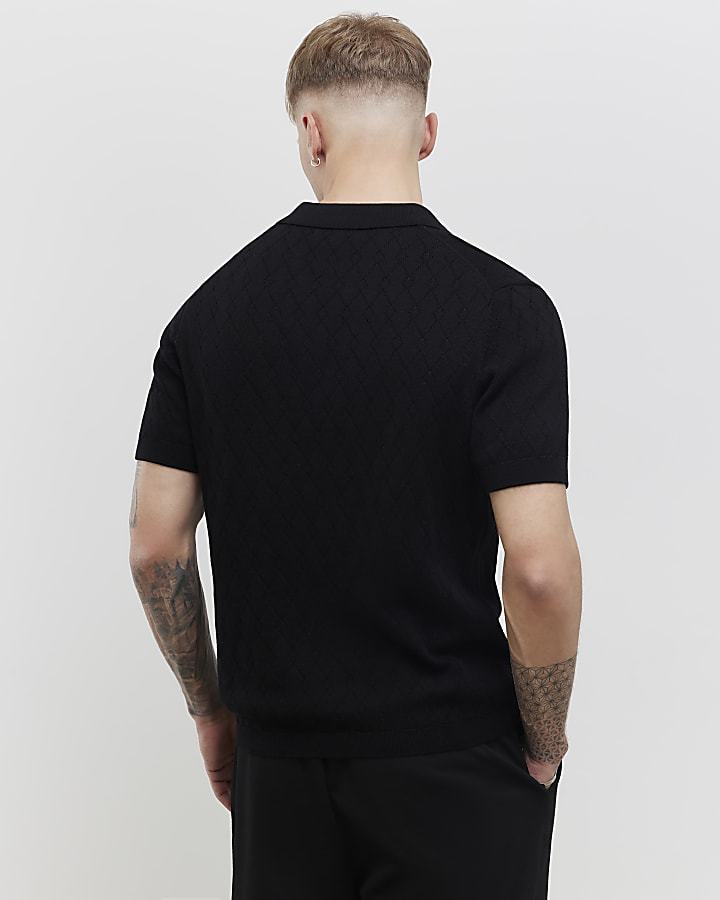 Black Slim Fit Open Collar Shirt