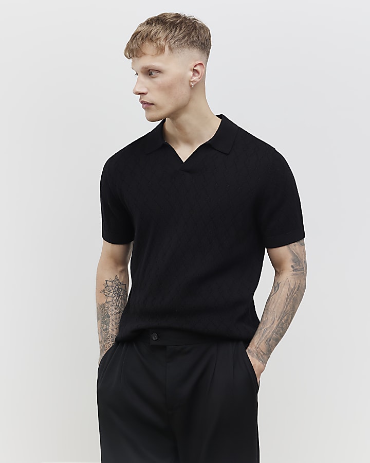 Black Slim Fit Open Collar Shirt