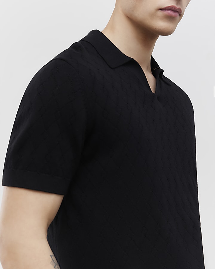 Black Slim Fit Open Collar Shirt