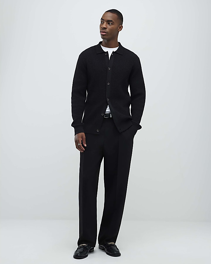 Black Regular Fit Knitted Button Up Cardigan