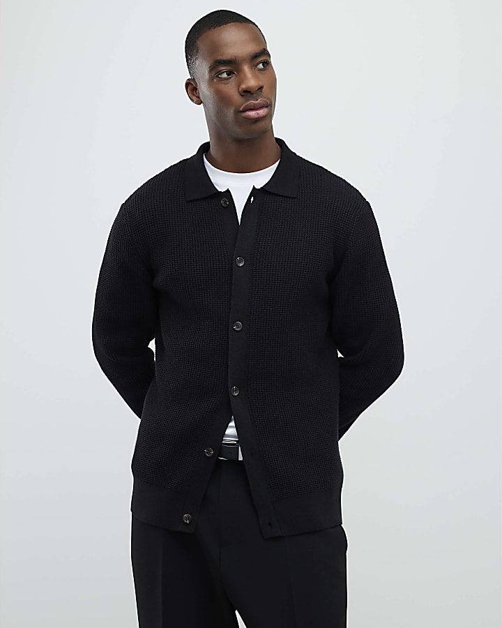 Black Regular Fit Knitted Button Up Cardigan