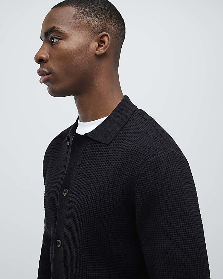 Black Regular Fit Knitted Button Up Cardigan