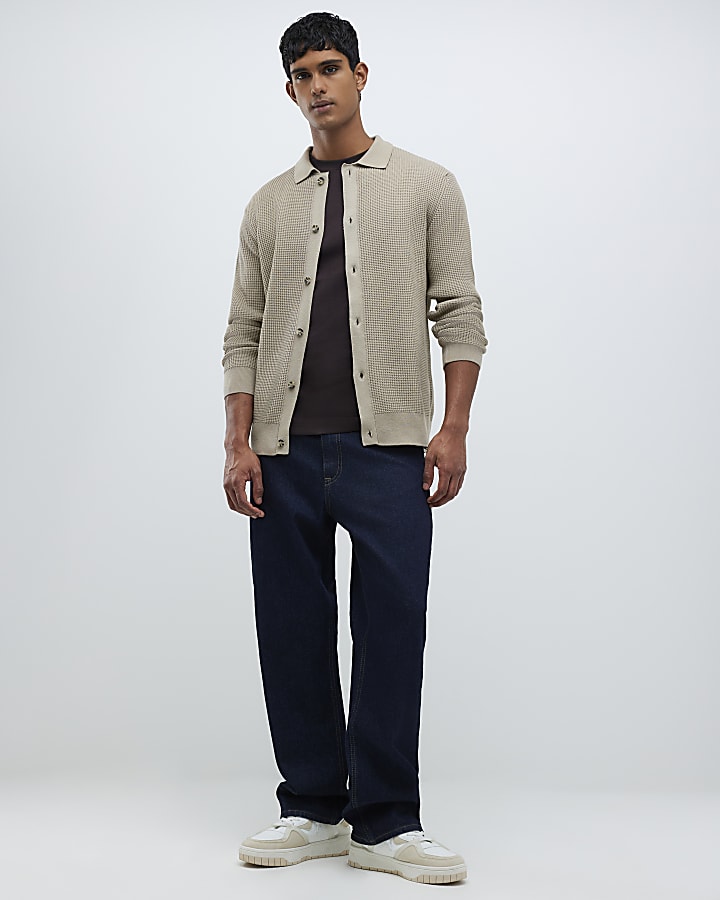 Beige Regular Fit Knitted Button Up Cardigan