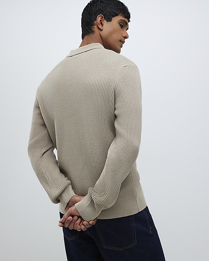 Beige Regular Fit Knitted Button Up Cardigan
