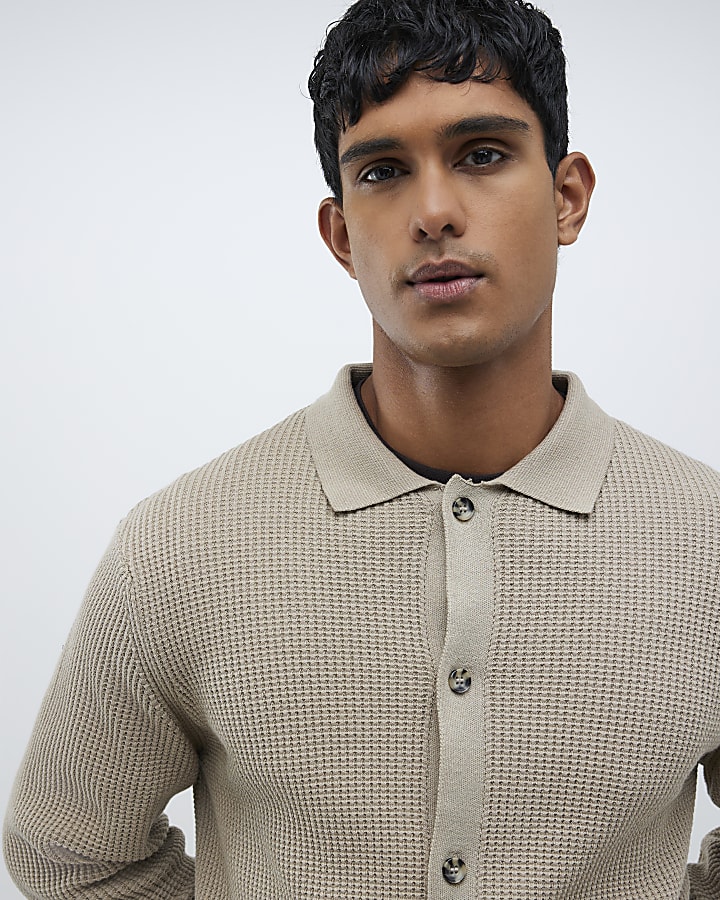Beige Regular Fit Knitted Button Up Cardigan