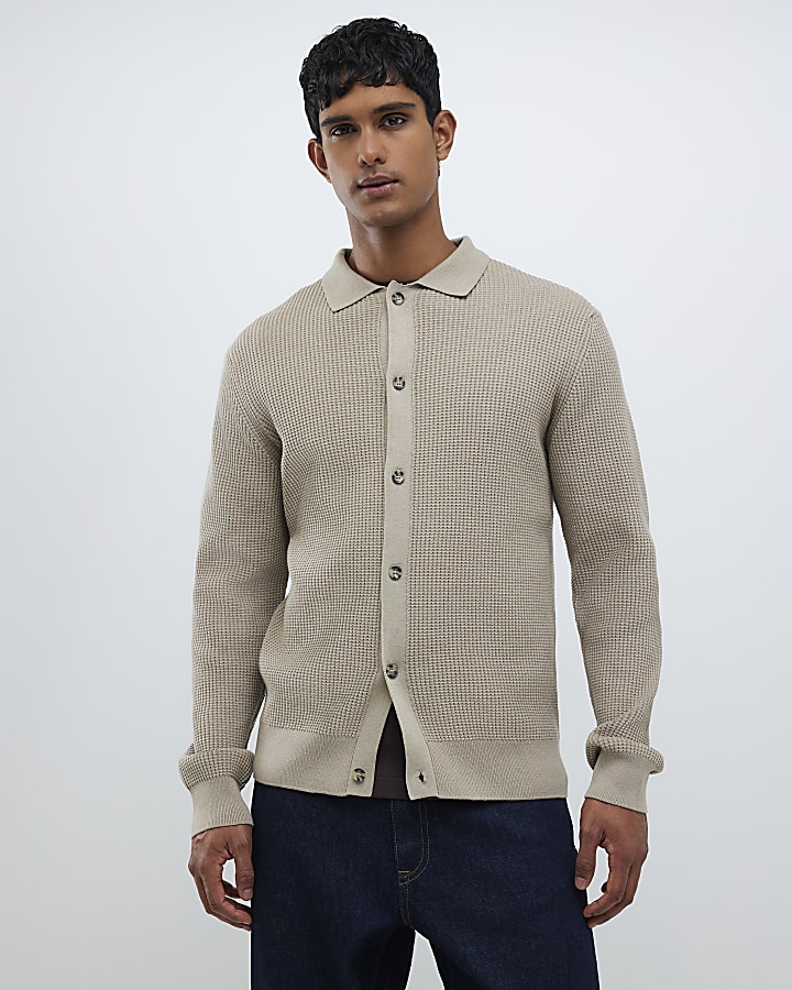 Beige Regular Fit Knitted Button Up Cardigan