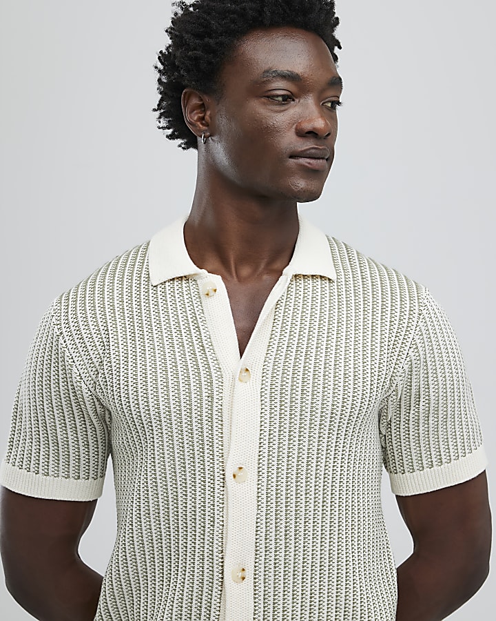 Green Slim Fit Button Up Stripe Shirt