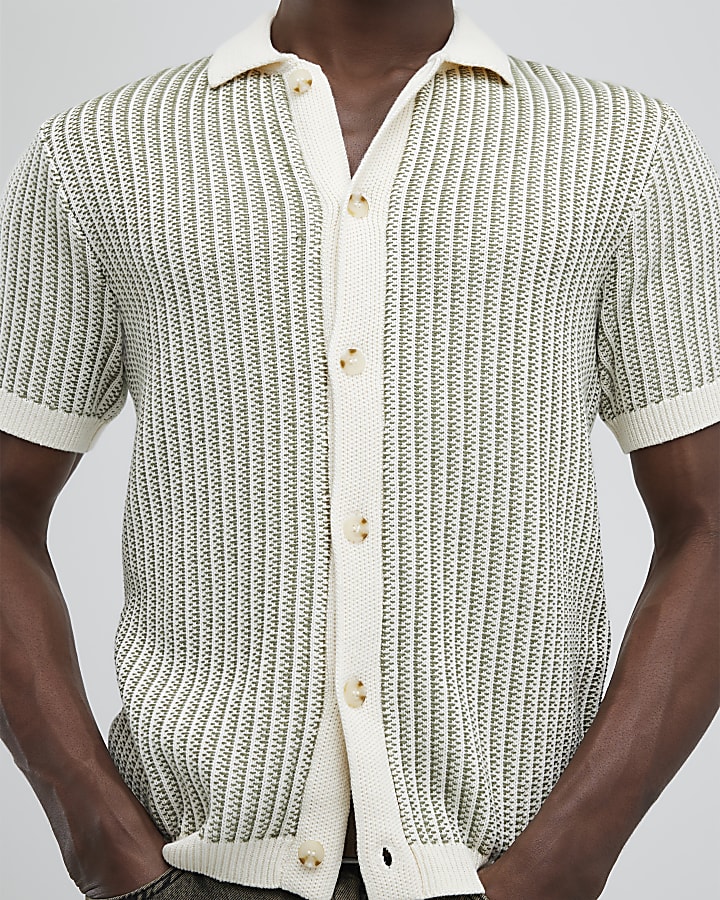 Green Slim Fit Button Up Stripe Shirt