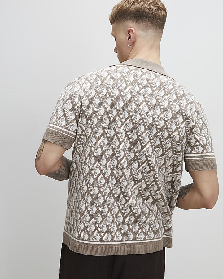 Beige Geometric Knitted Shirt