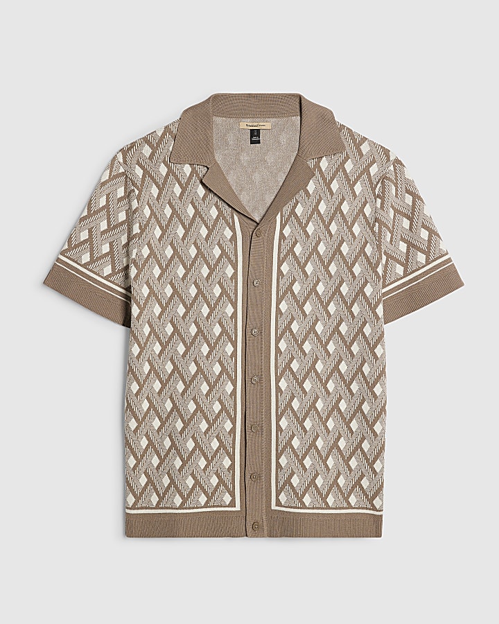 Beige Geometric Knitted Shirt